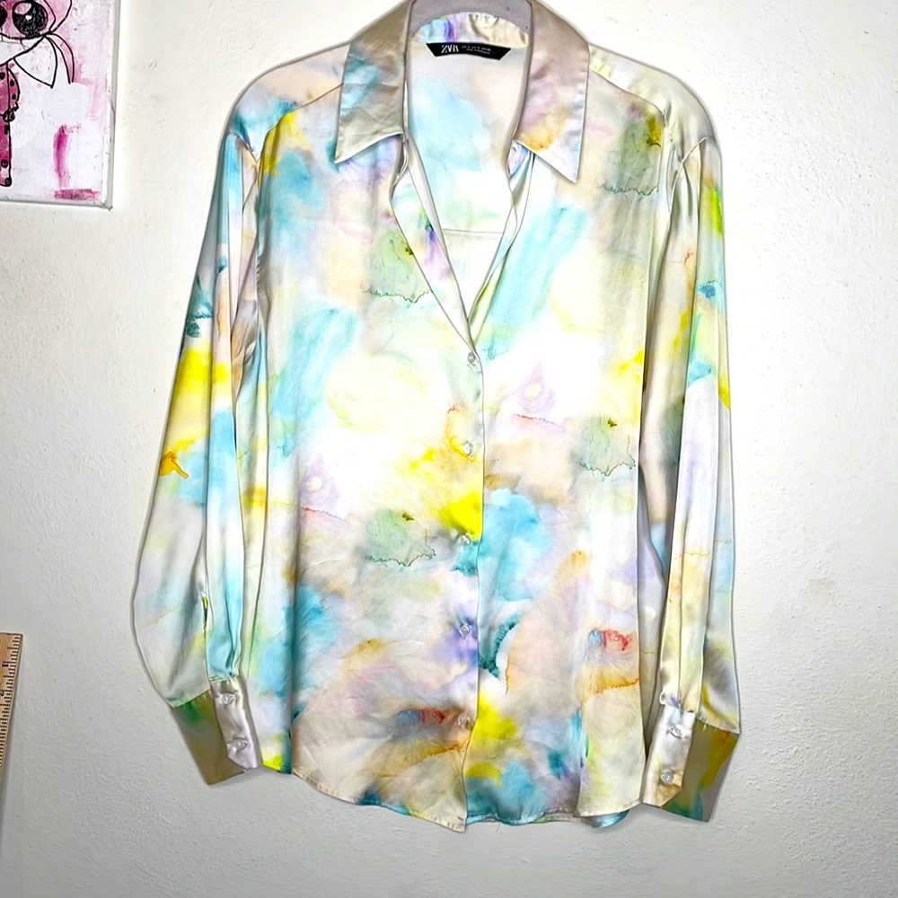 Zara Blue and Yellow Long Sleeve Button Down Blouse